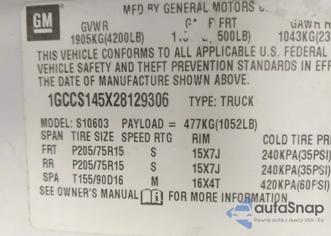 2002 Chevrolet S-10 из США, поврежденный, VIN 1GCCS145X28129306